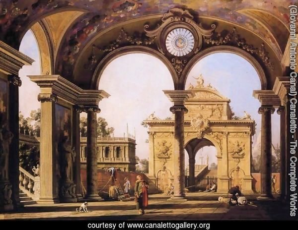 Capriccio of a triumphal arch seen through an ornate archway, c.1750