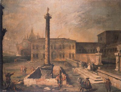 A capriccio of a piazza in front of a palace with the Column of Marcus Aurelius, pilgrims and townsfolk, a domed church beyond