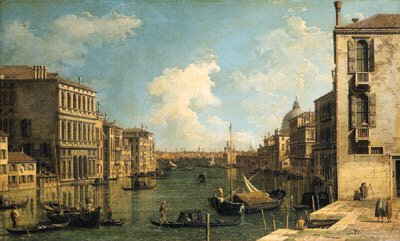 The Grand Canal, Venice, looking east from the Campo di San Vio, with the Palazzo Corner, barges and gondolas, the dome of Santa Maria della Salute