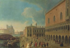 The Doge's Palace, Venice, and the Molo, looking west towards the Punta della Dogana and the Church of Santa Maria della Salute