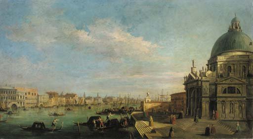 The entrance to the Grand Canal, looking east from the Salute towards the Bacino di San Marco, the Doge's Palace and Riva degli Schiavoni beyond