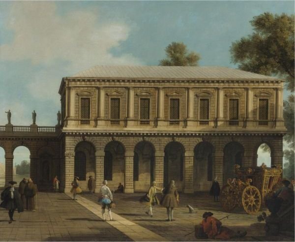 A Capriccio Of The Prisons Of San Marco Set In A Piazza With A Coach And Townsfolk