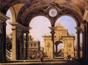 Capriccio of a triumphal arch seen through an ornate archway, c.1750