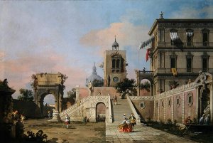 Capriccio of twin flights of steps leading to a palazzo, c.1750