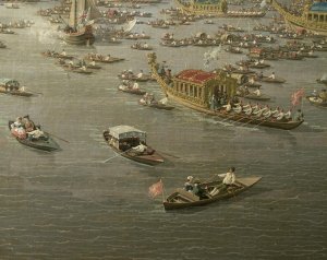 The River Thames with St. Paul's Cathedral on Lord Mayor's Day, detail of boats by the shore, c.1747-48