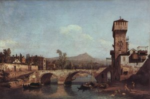 Capriccio Veneto, river, bridge and medieval town gate