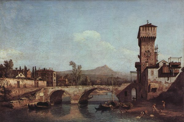 Capriccio Veneto, river, bridge and medieval town gate